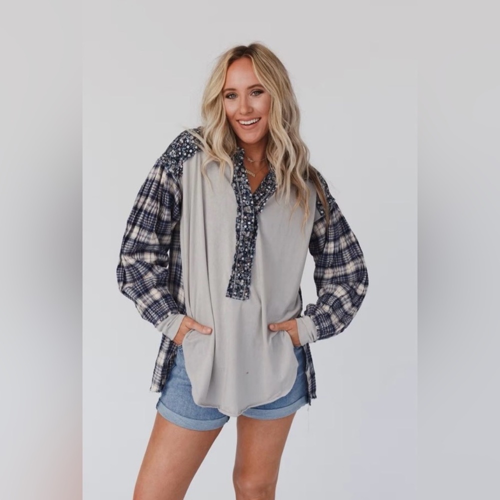 NWOT Three Bird Nest Better Together Blue and Gray Patchwork Button Down Shirt